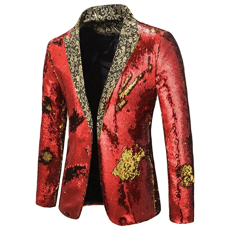 Thumbnail: Gold Men's Embroidered V-Neck Suit Jacket, Size L