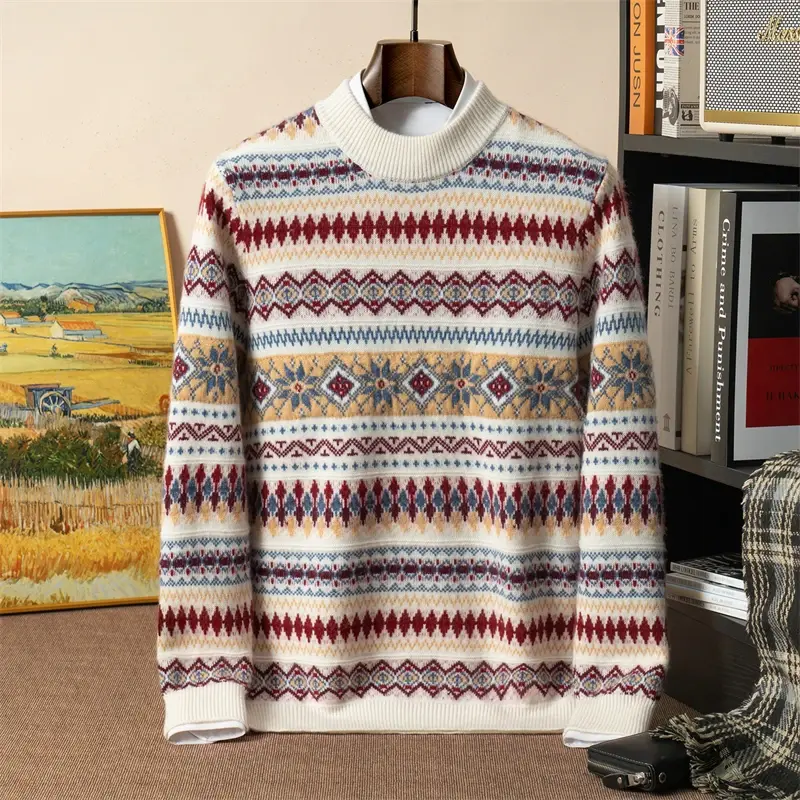 Küçük resim: Men's Thick Cashmere Half High Collar Jacquard Sweater