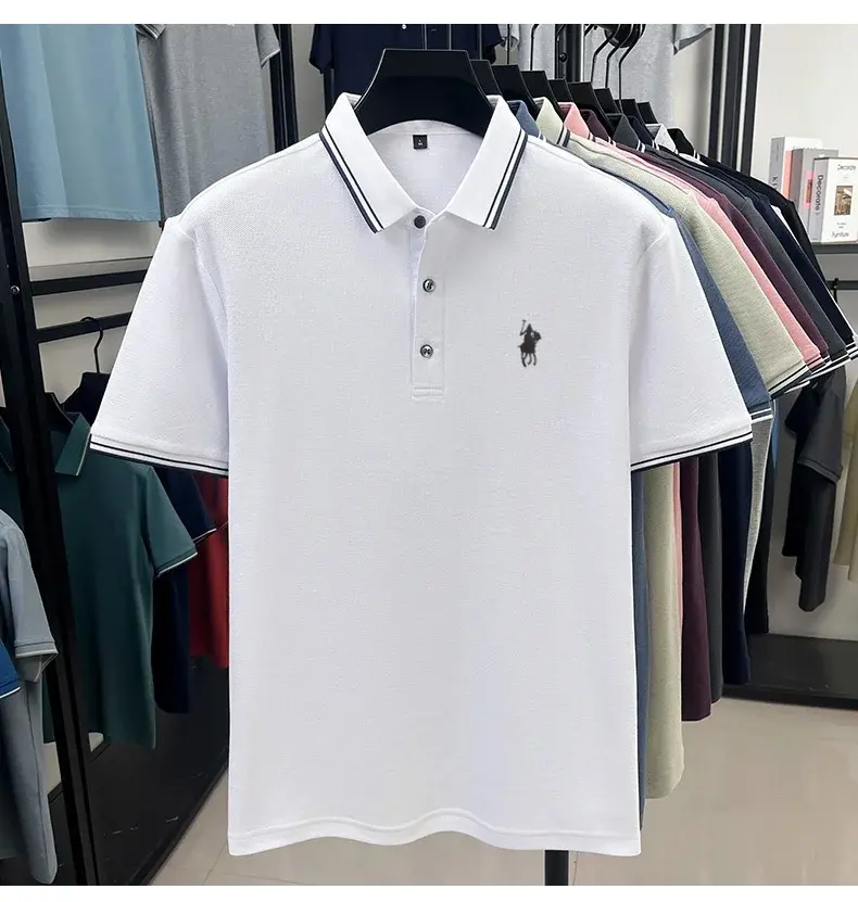Thumbnail: Summer Striped Collar Polo Shirt, 100% Breathable Pique Cotton Size M