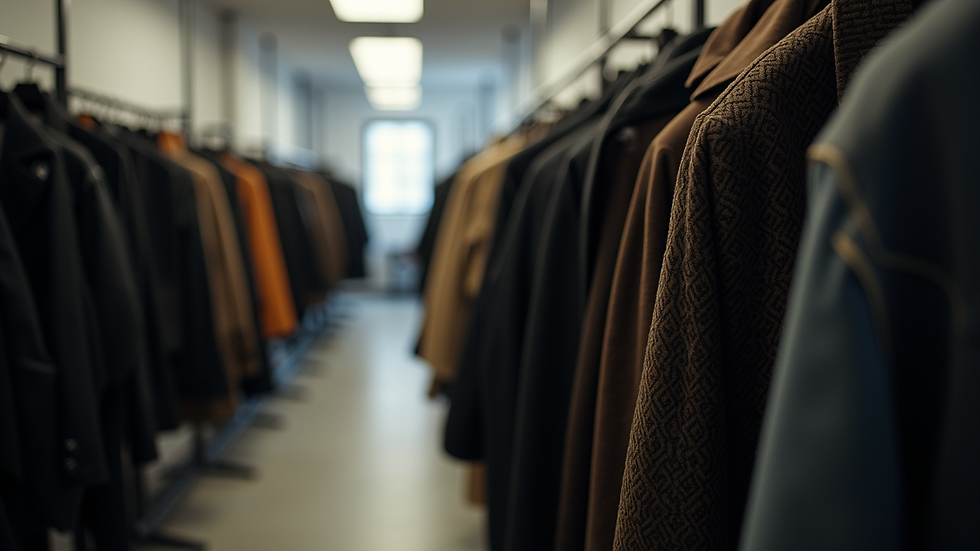Eye-level view of a clothing rack with second-hand designer jackets
