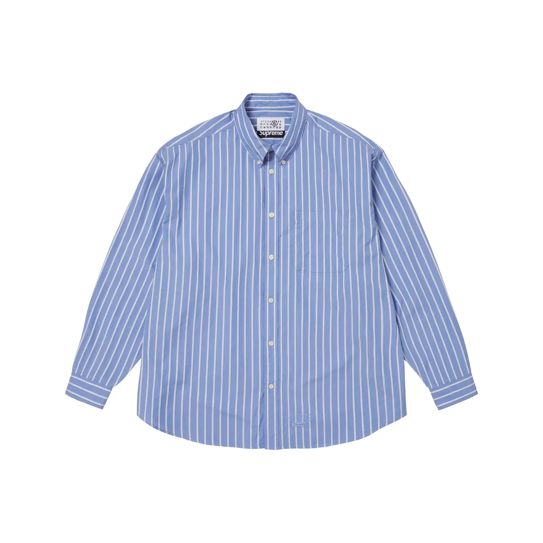 Blue button-up shirt with white vertical stripes, long sleeves, and a collar.