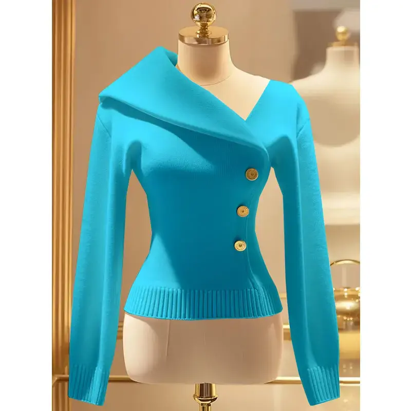 Thumbnail: Temperament Elegant Niche Slim Fit Solid Color Knitted Womens Sweater, Size M