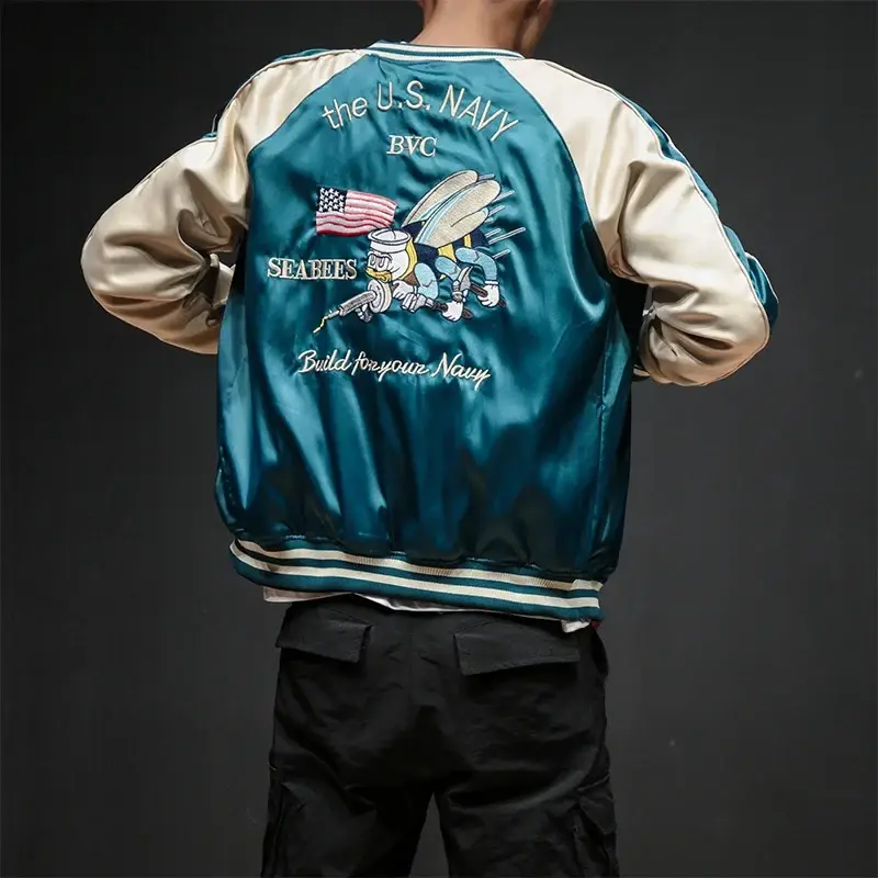Satin Bomber Jacket Women Men Sukajan Crane Embroidery Size S