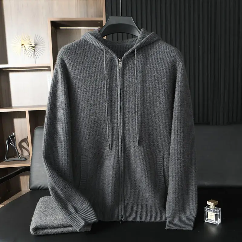 Thumbnail: 2025 High-End Men's 100% Pure Cashmere Cardigan Hooded Zipper Sweater Size L