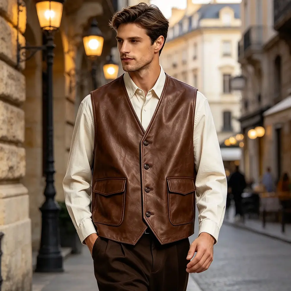 Miniatura: Vintage Men's Oil Wax Faux Leather V-Neck Sleeveless Vest with Flap Pockets