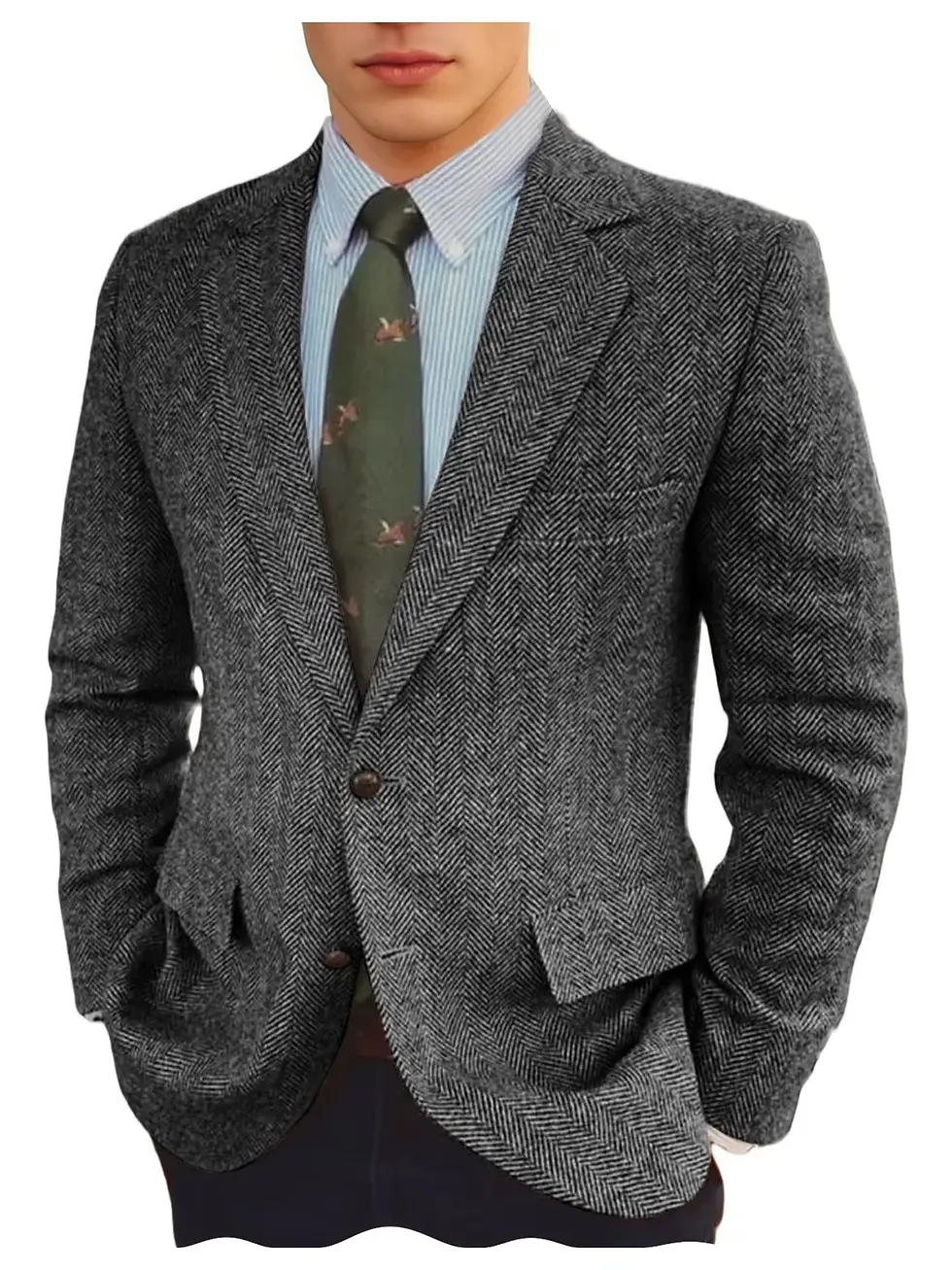 Thumbnail: Men's Grey Herringbone Tweed Blazer Classic-Fit Notched Lapel