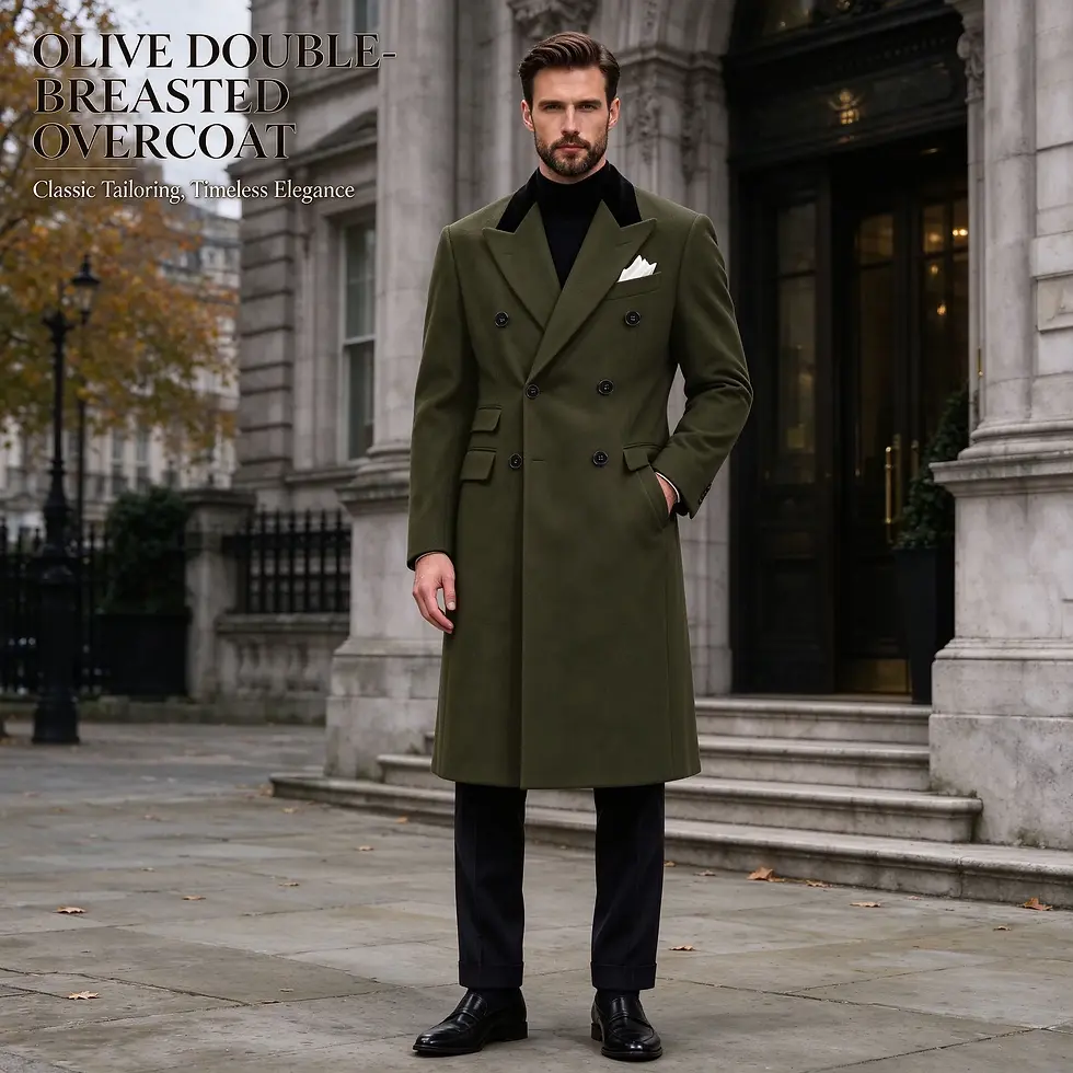 Man in olive double-breasted overcoat with black collar, white pocket square, black pants, and shoes.