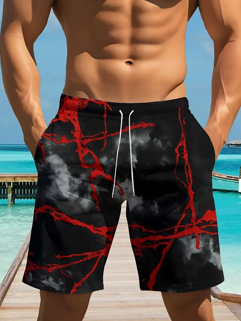 Thumbnail: 2026 Men's Summer Beach Shorts 3D Printed Lightning Pattern Size m