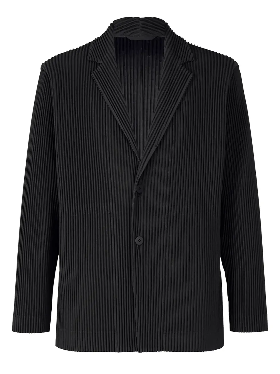Miniaturebillede: Man in a black pinstripe blazer over a bright green shirt, standing against a plain white background.