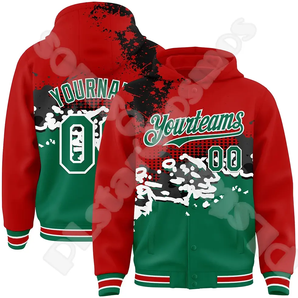 縮圖：Red and brown varsity jacket yourteam text on fronr