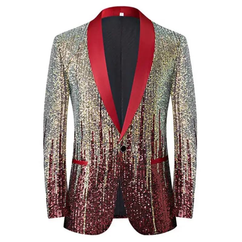 New Men's Gradient Sequin Blazer With Red Shawl Collar Size L