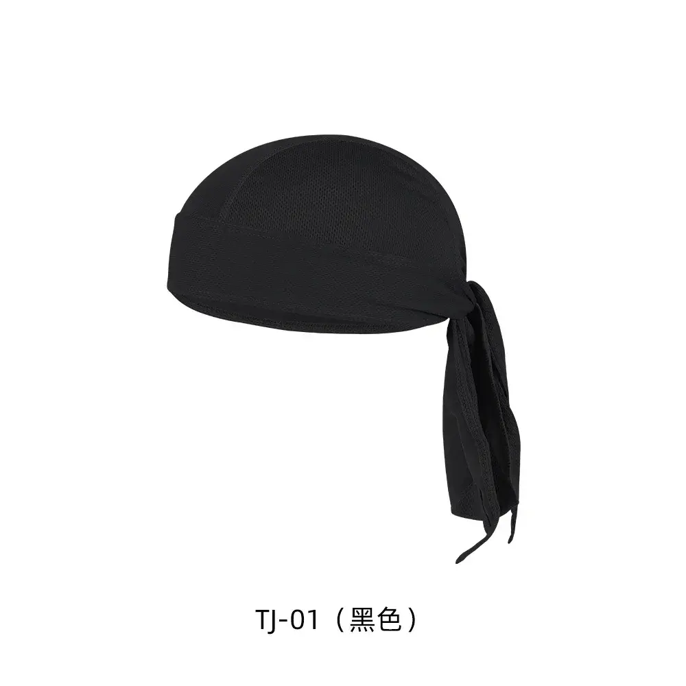 Black bandana with a rounded crown and two long tails tied at the back. White background and text below.