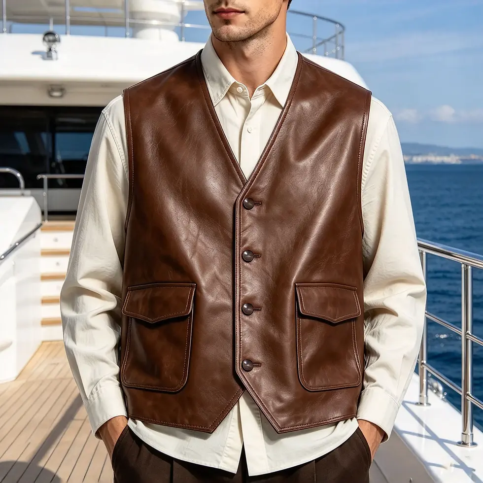 Miniatura: Vintage Men's Oil Wax Faux Leather V-Neck Sleeveless Vest with Flap Pockets