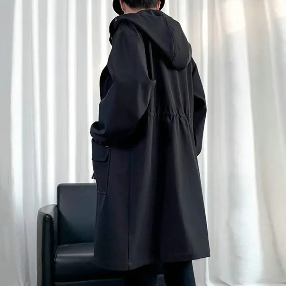 縮圖：Waterproof Long Black Raincoat Men Rain Coat Hooded Trench Coat