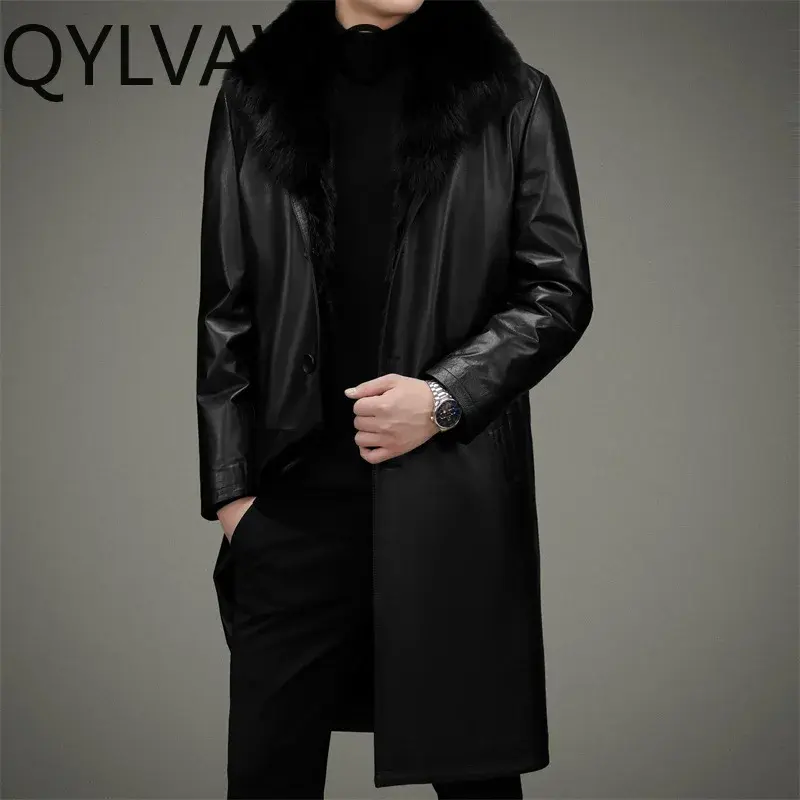 Thumbnail: QYLVAWOY Top-Grain Cowhide Real Leather Jacket Fox Fur Collar