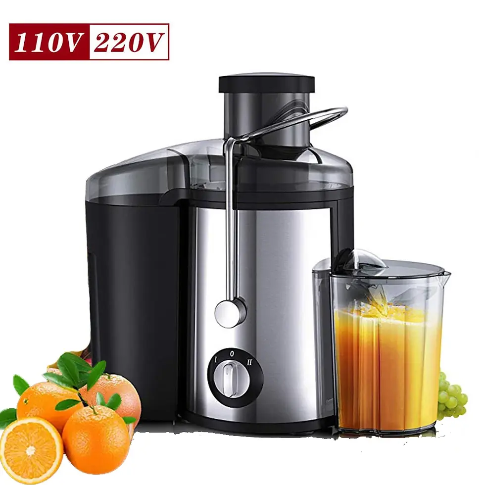 Thumbnail: Stainless steel juicer with black accents, glass of orange juice, oranges, and grapes; labeled 110V 220V.