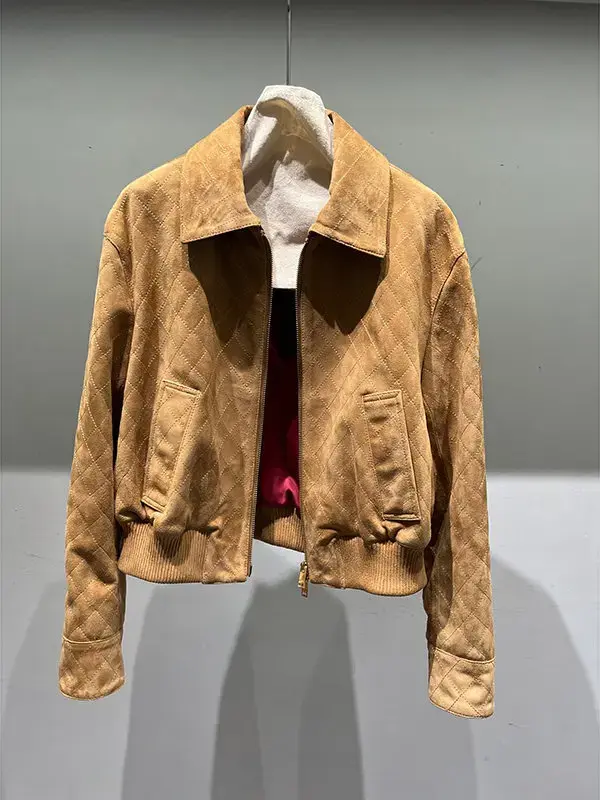 縮圖：Women's Retro Short Sheepskin Leather Jacket with Lapel Collar