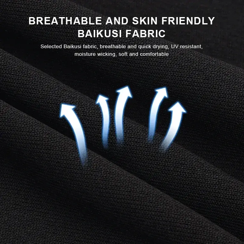 Thumbnail: Black fabric with flowing texture, blue arrows indicating breathability, text highlights fabric's comfort and features.