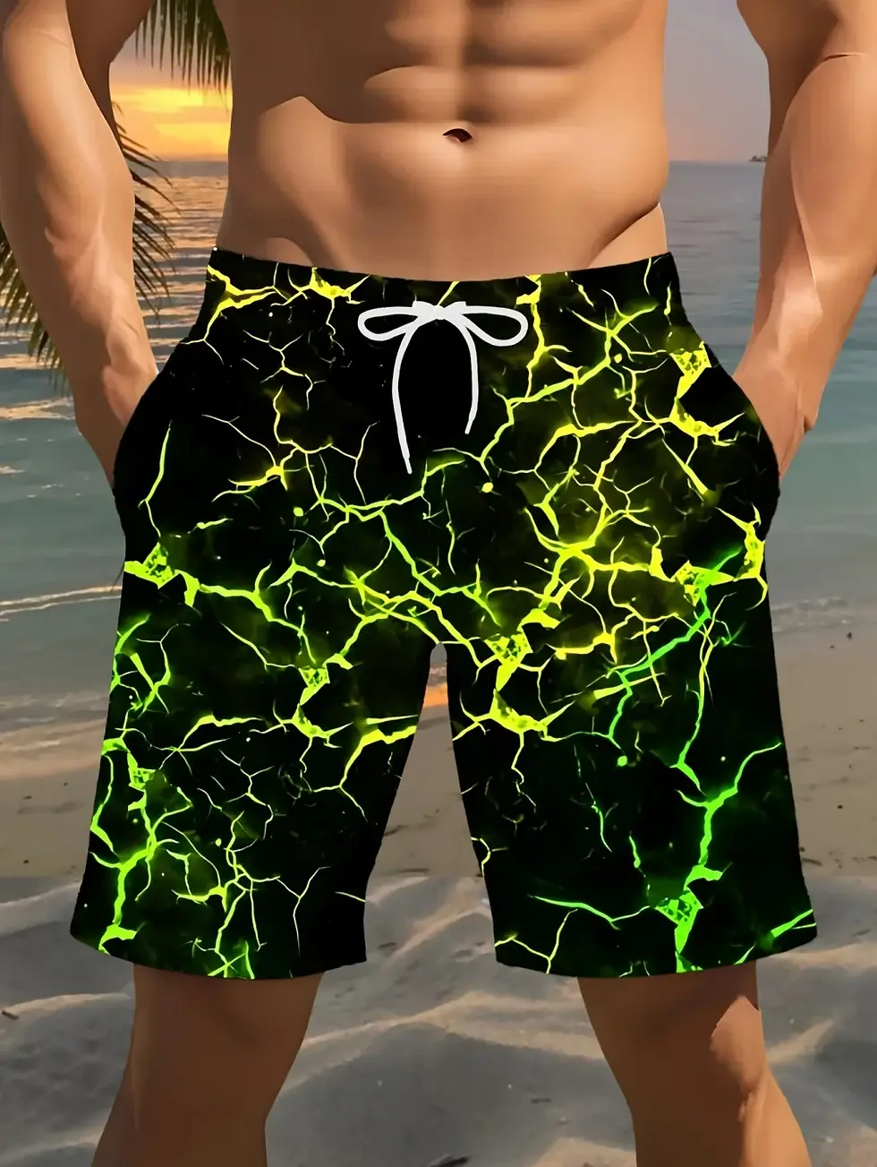 Thumbnail: 2026 Men's Summer Beach Shorts 3D Printed Lightning Pattern Size m