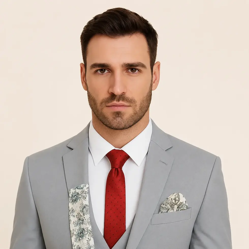 Miniaturbild: Man in a light gray suit with a red tie and floral pocket square, against a plain beige background.