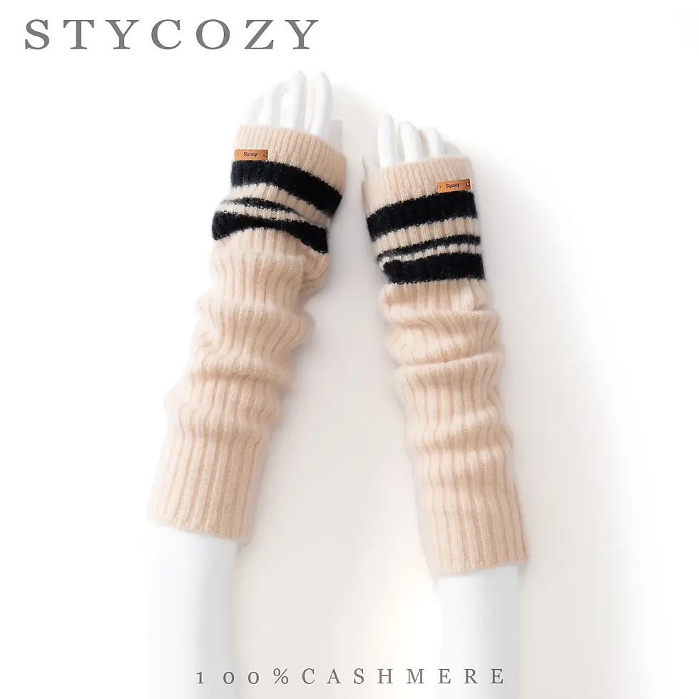縮圖：100% Cashmere Striped Knit Fingerless Arm Warmers for Women