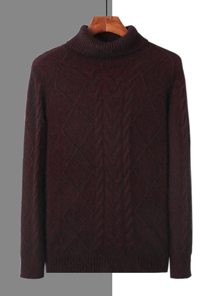 Thumbnail: Maroon cable-knit sweater with a turtleneck, hanging on a wooden hanger against a split gray and white background.