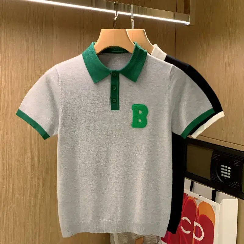 Summer Men Polo Shirts Knitted Embroidered Turn-Down Collar Size M