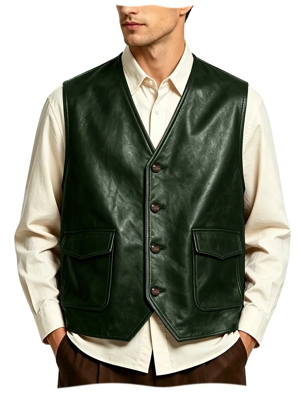 Miniatura: Vintage Men's Oil Wax Faux Leather V-Neck Sleeveless Vest with Flap Pockets