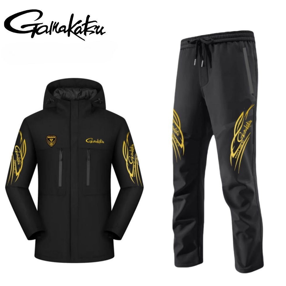 Black jacket and pants with yellow logo and designs on sleeves and legs; hooded jacket with zippers.