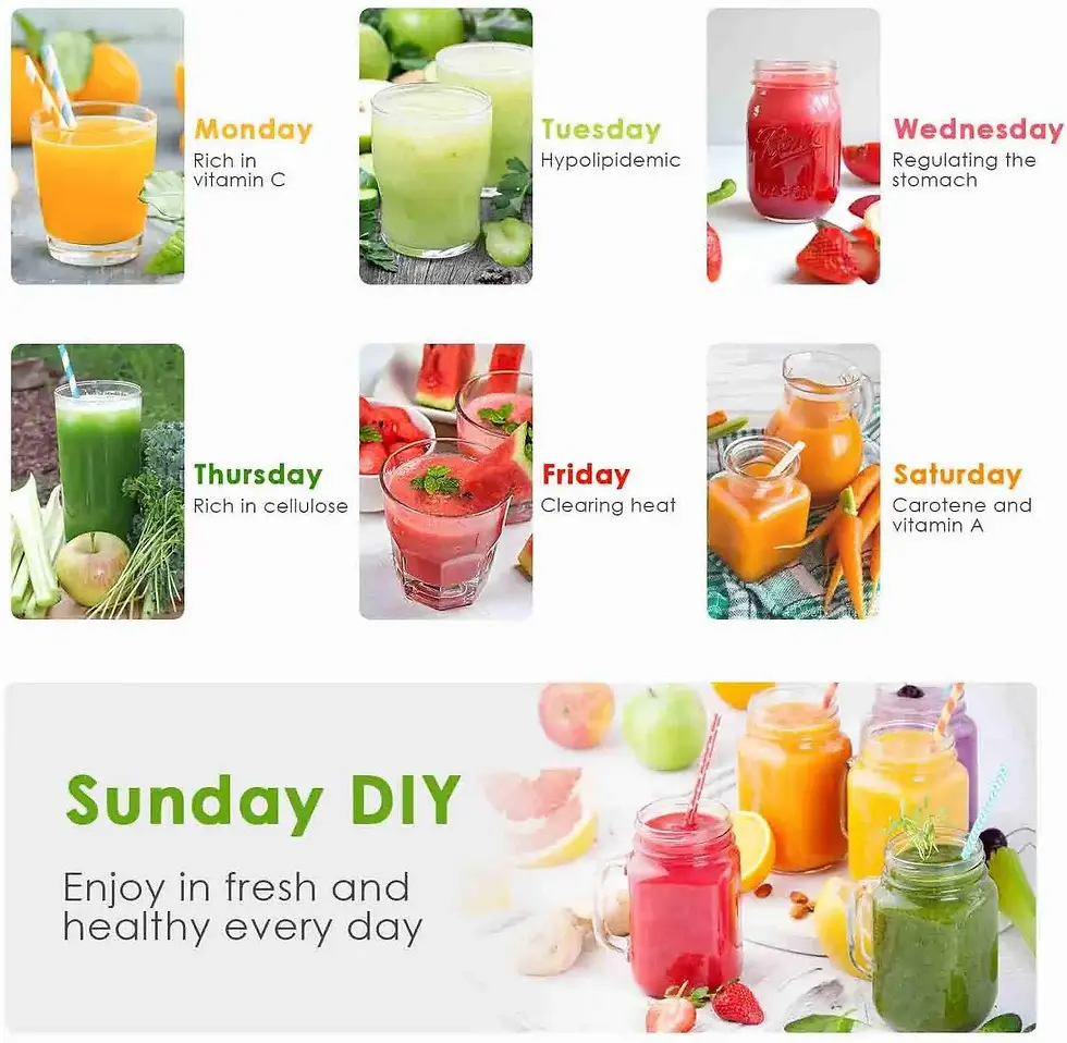 Thumbnail: Colorful juices with days of the week, each labeled with health benefits like vitamin C and cellulose. "Sunday DIY" message.