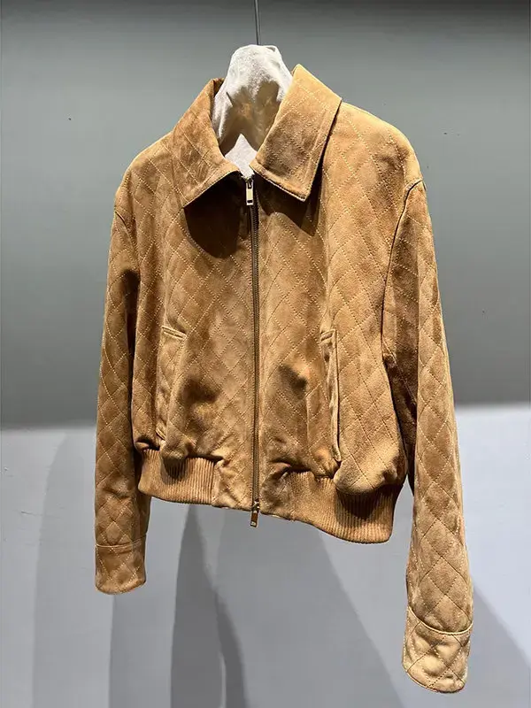 縮圖：Women's Retro Short Sheepskin Leather Jacket with Lapel Collar