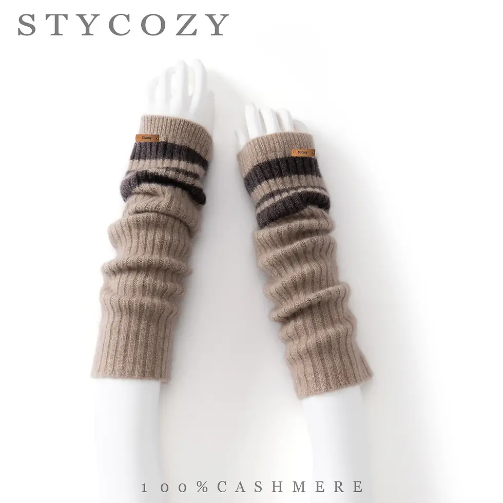 縮圖：100% Cashmere Striped Knit Fingerless Arm Warmers for Women