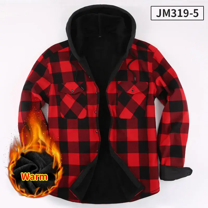 Miniaturebillede: Red Men's Long-Sleeve Hooded Shirt; Winter Striped Flannel Fleece-Lined Shirts m