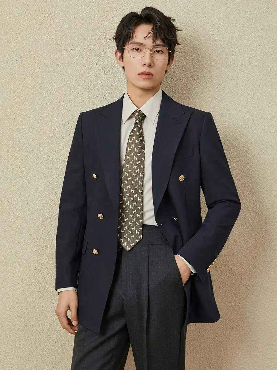 Thumbnail: Man in a navy blazer, white shirt, patterned tie, and gray trousers, stands against a beige background.