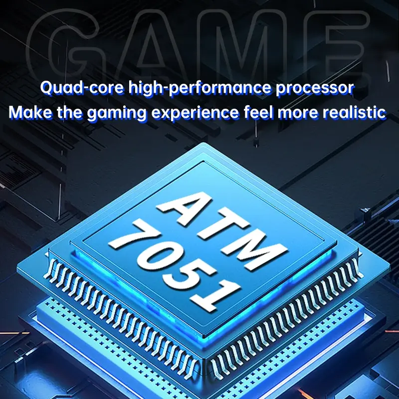 Miniatura: Blue processor chip labeled "ATM 7051" with glowing edges and text above about quad-core performance for gaming realism.