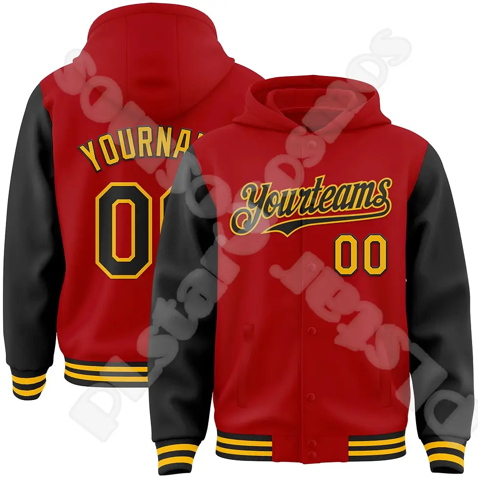 縮圖：Red and brown varsity jacket yourteam text on fronr
