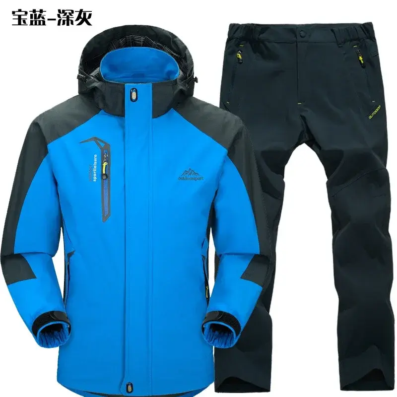 Küçük resim: Outdoor Jacket Pants Sets Men Fleece Thermal Waterproof Windproof Hooded Jackets