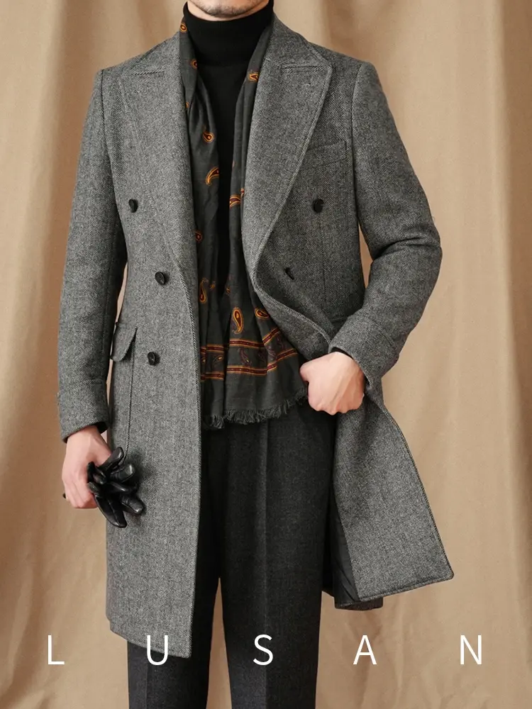 Thumbnail: Mr. Lu San Thick 750g Long Coat 50% Wool With Herringbone