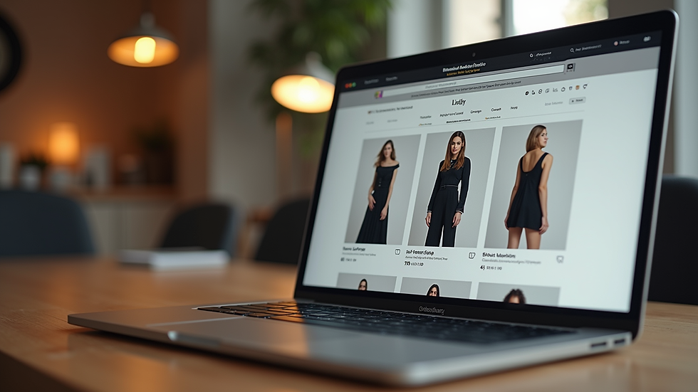 Eye-level view of a laptop screen displaying an online luxury fashion store