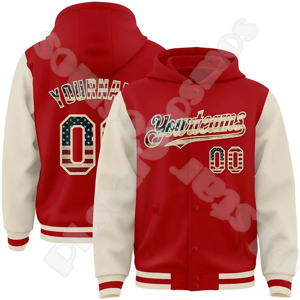 Thumbnail: Red and brown varsity jacket yourteam text on fronr