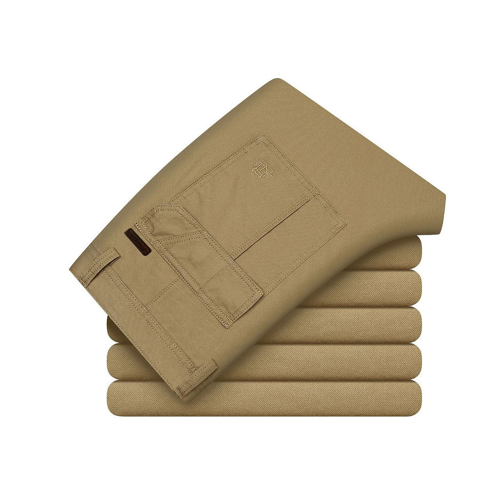 Folded khaki pants with visible pocket stitching, stacked neatly in a pile.