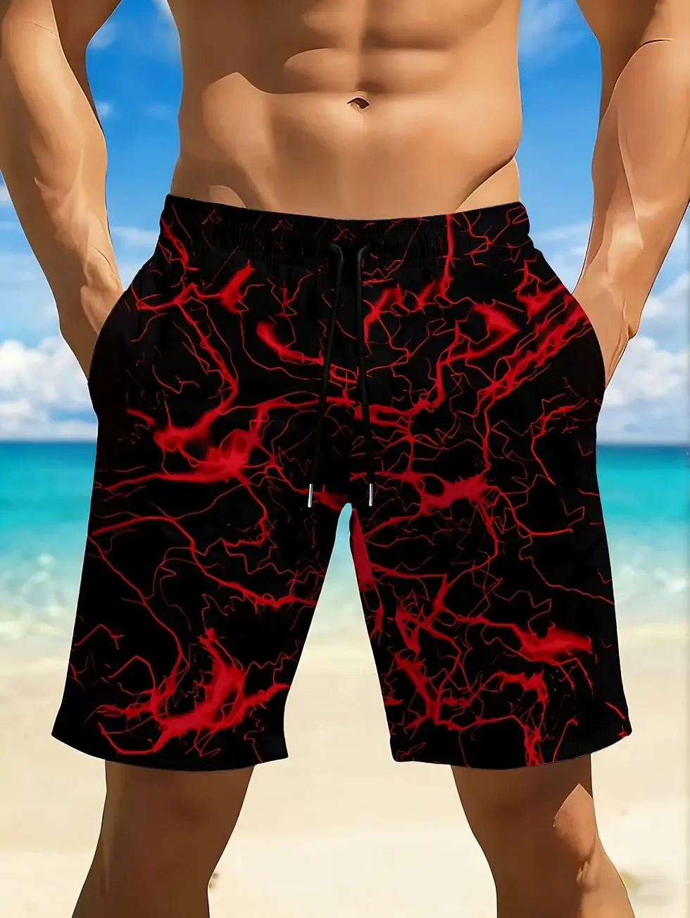 Thumbnail: 2026 Men's Summer Beach Shorts 3D Printed Lightning Pattern Size m