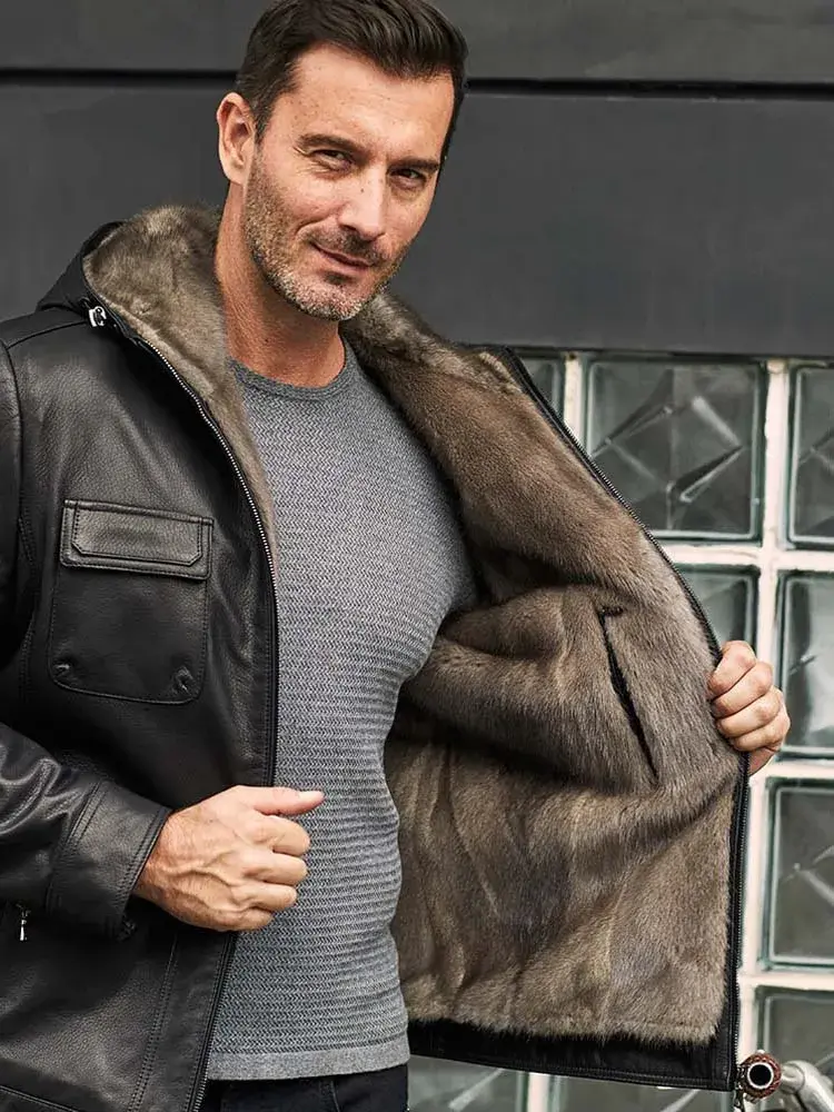 Miniaturbild: Denny&Dora Men's Sheepskin Jacket - Imported Black Hooded Mink