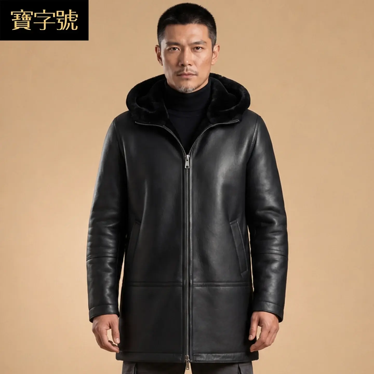 Man wearing a black leather jacket with a hood, set against a beige background.