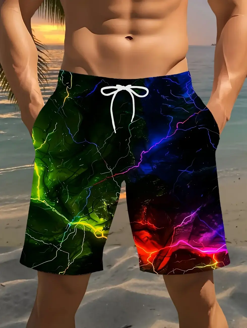 Thumbnail: 2026 Men's Summer Beach Shorts 3D Printed Lightning Pattern Size m