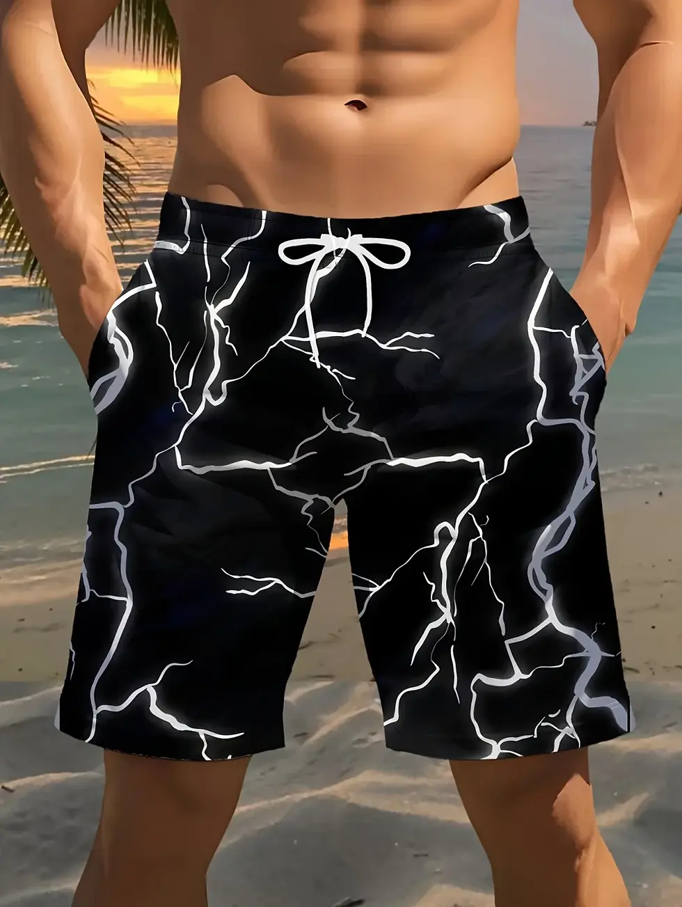 Thumbnail: 2026 Men's Summer Beach Shorts 3D Printed Lightning Pattern Size m