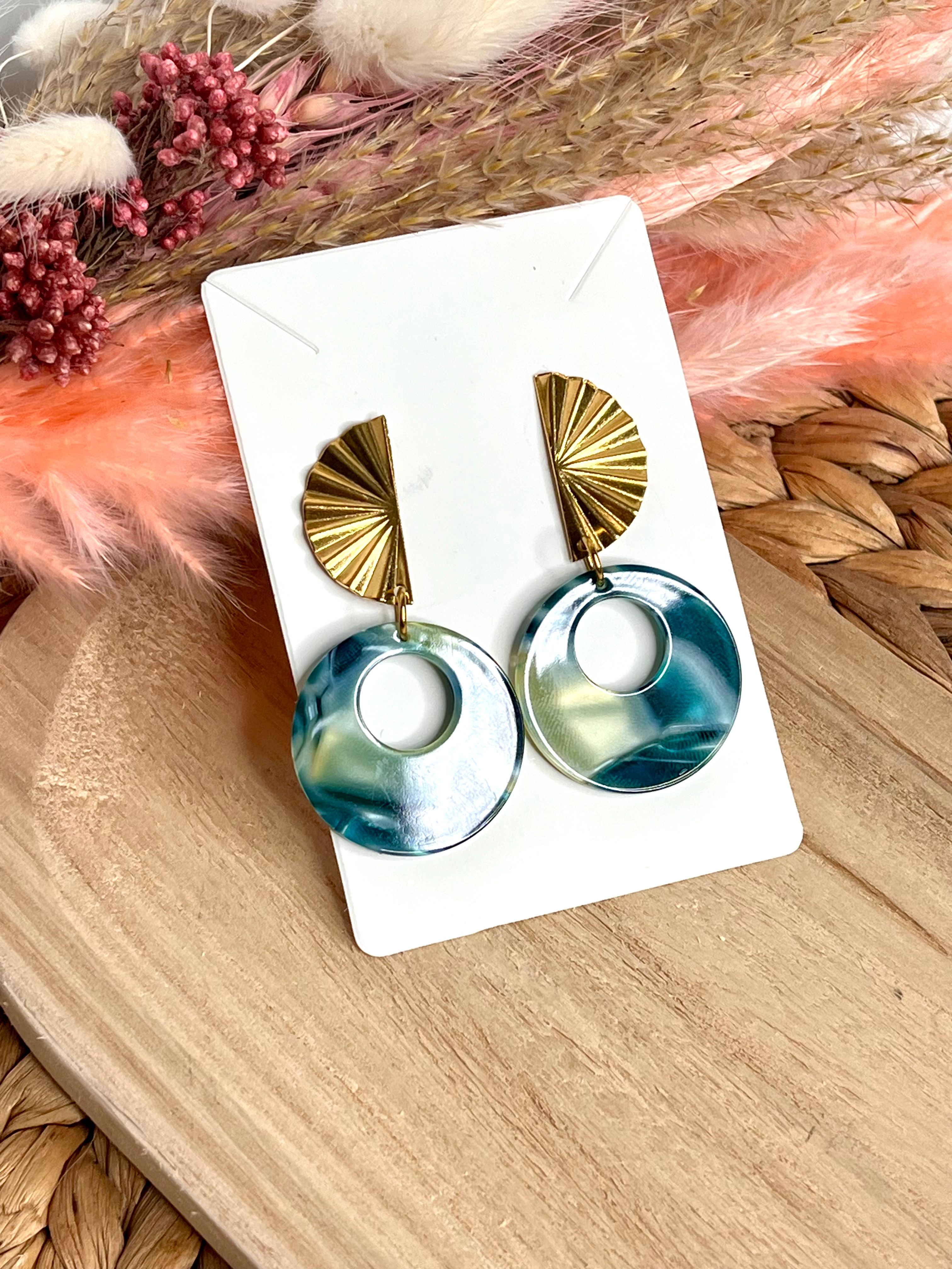 Boucles d’oreilles Océane – Bleu : vert nacré & or