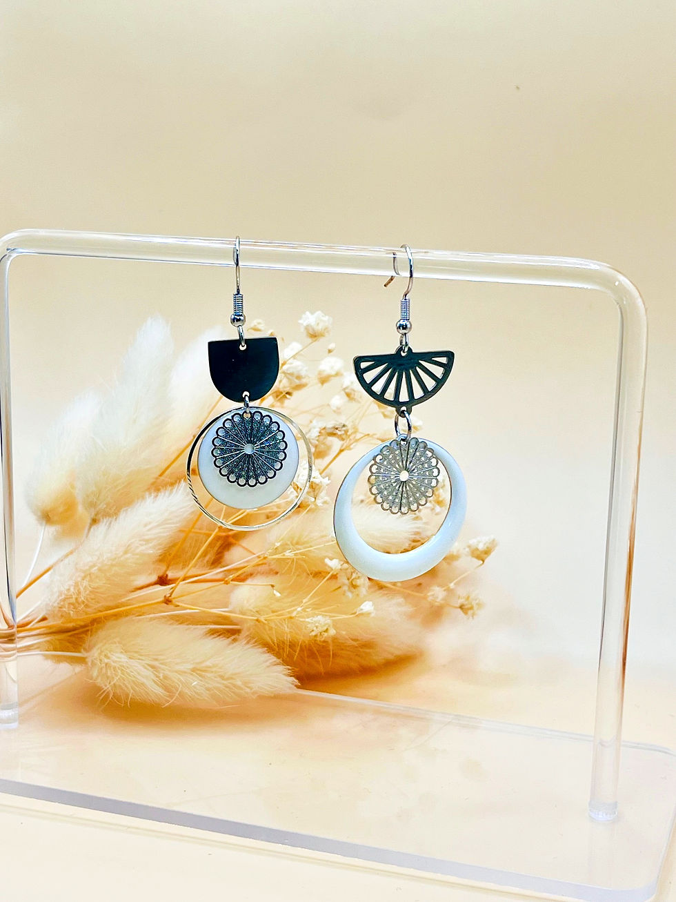 Boucles d’oreilles asymétriques Callista - argenté et blanc