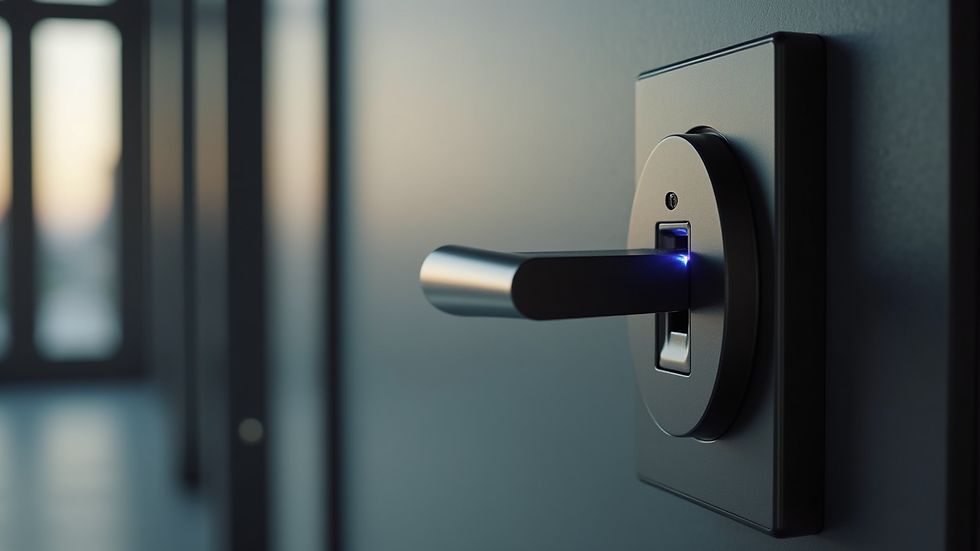 Close-up view of a biometric fingerprint scanner on a corporate door