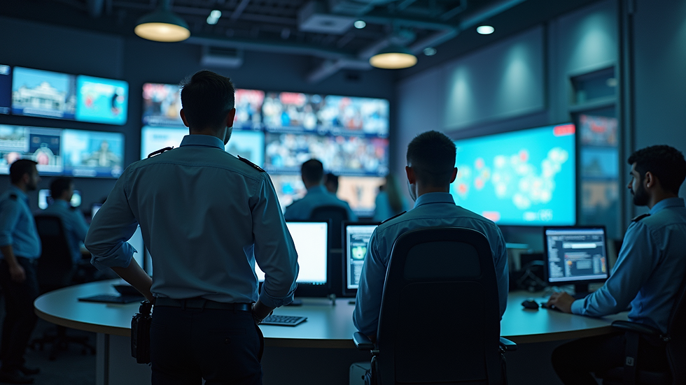 Wide angle view of security team coordinating at event control center